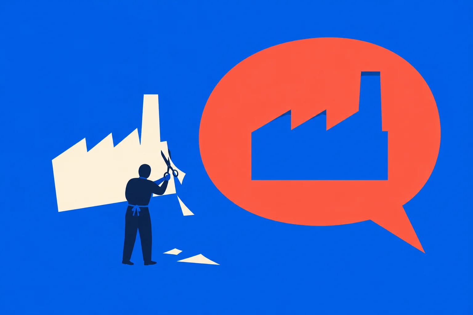 A person cuts a cream paper factory silhouette with scissors beside a large orange speech bubble containing a blue factory silhouette, against a blue background.