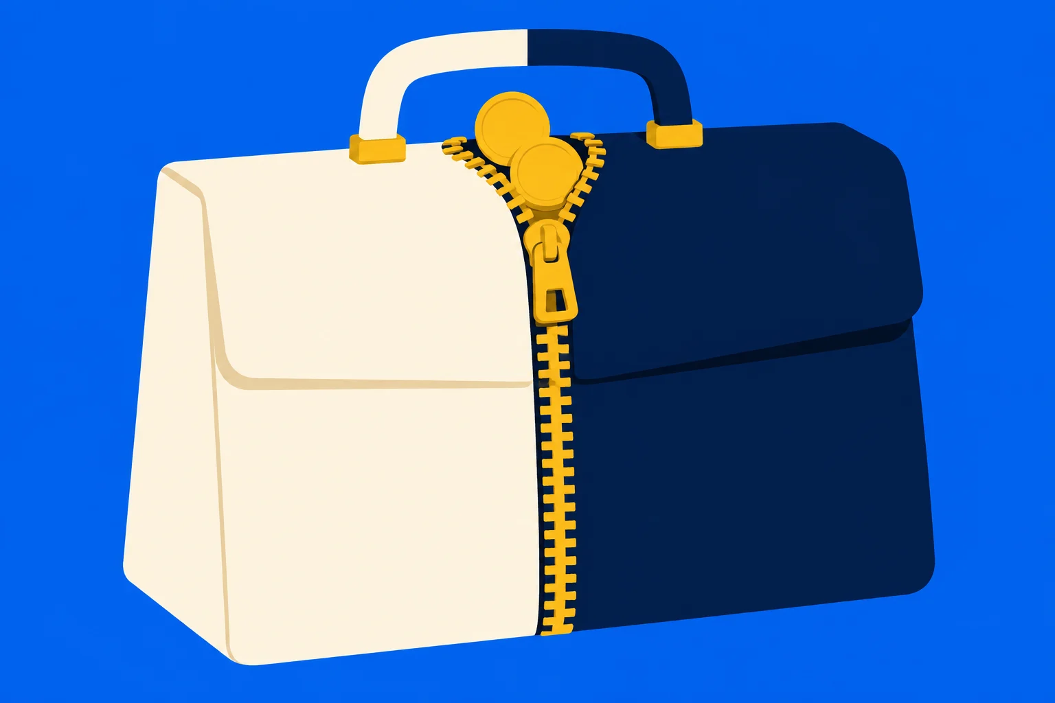 A cream and navy briefcase with a gold zipper and coins emerging from its open top sits against a bright blue background.