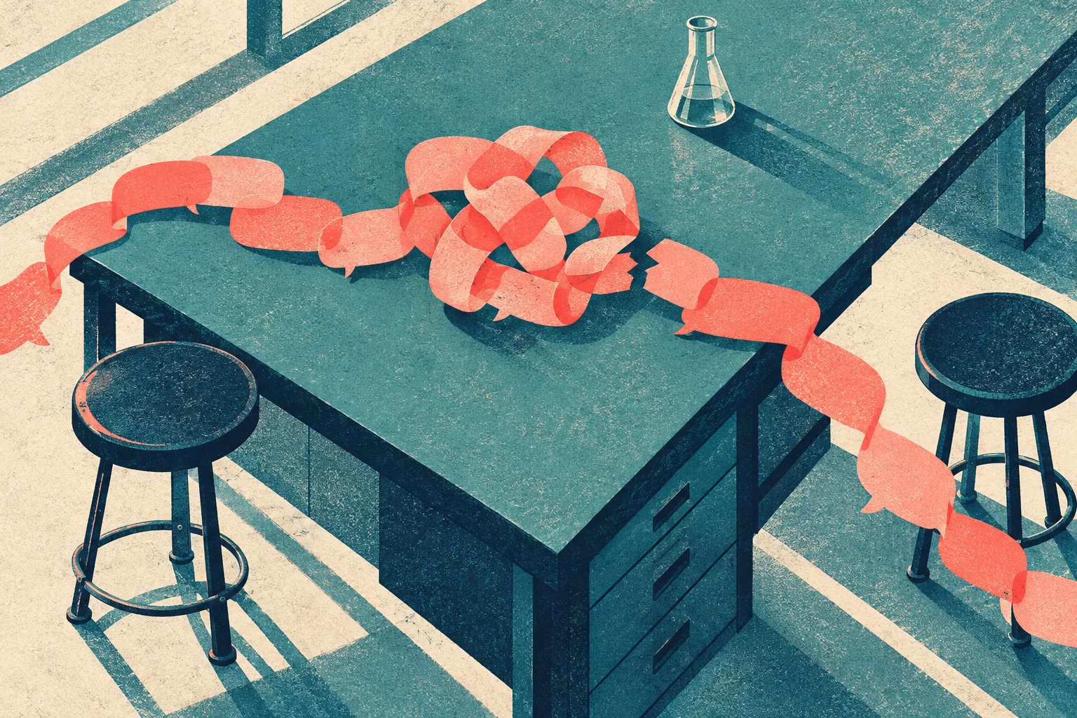 A coral ribbon of speech bubbles forms a tangled knot across a teal laboratory table, with two stools and a flask casting long shadows.