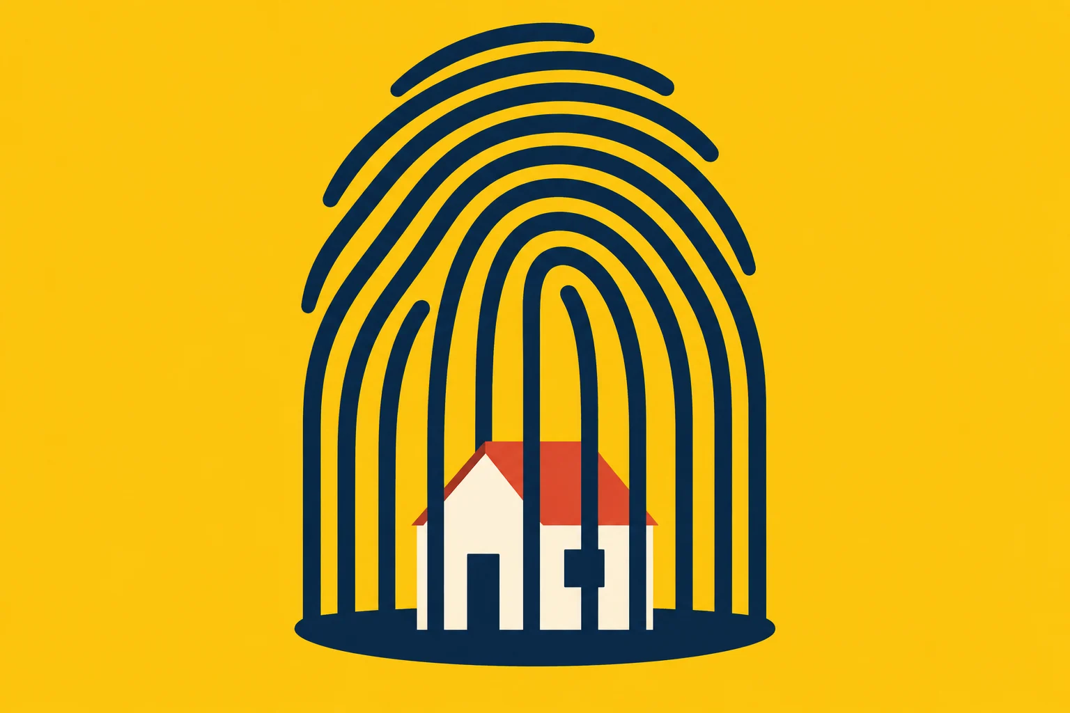 A small cream house with a red roof sits inside a dark blue fingerprint shaped like a locked cage against a yellow background.