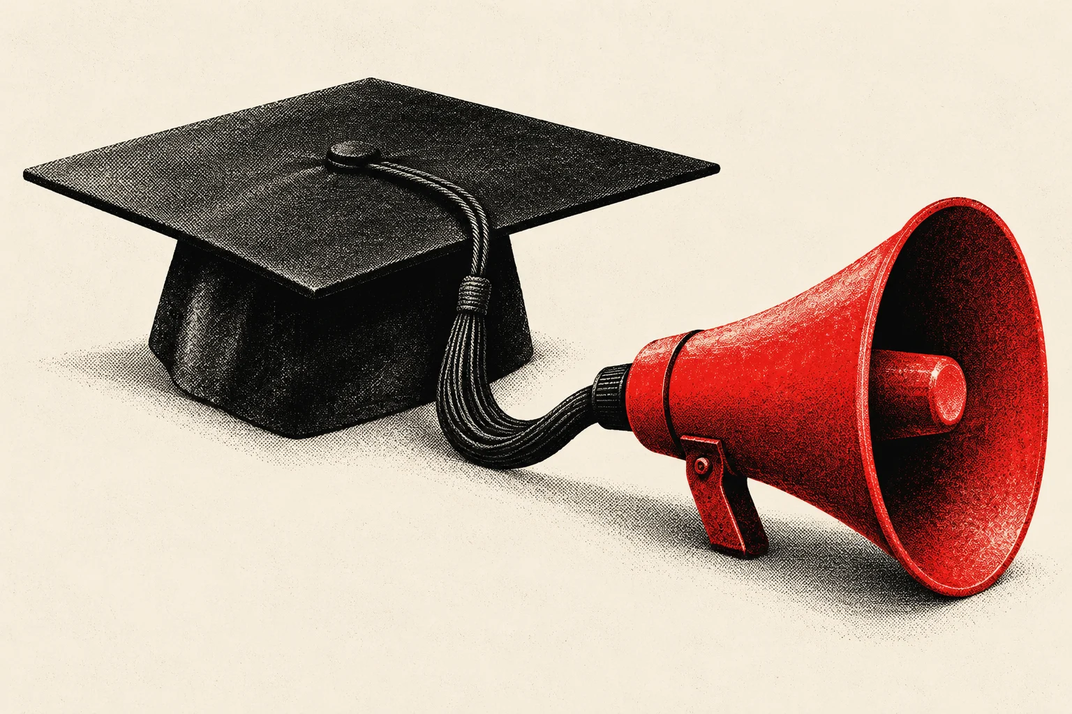 A black graduation cap with a long tassel sits beside a red megaphone on a cream background.