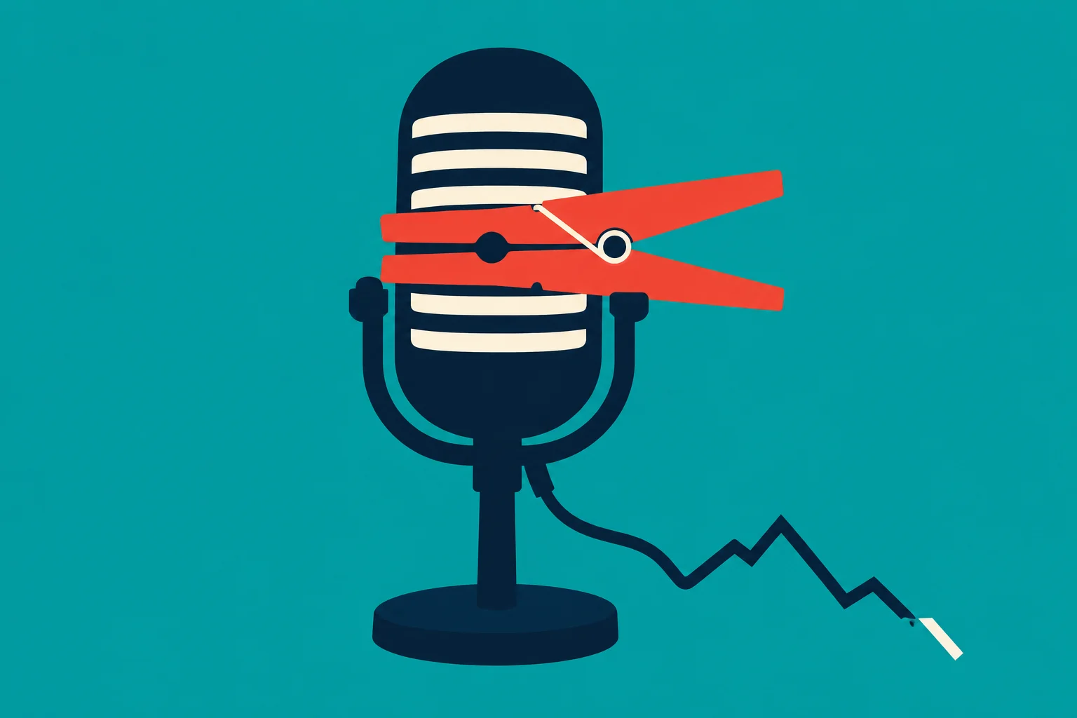 A red clothespin clamps across a vintage microphone on a stand, with a jagged cable trailing to the right against a teal background.