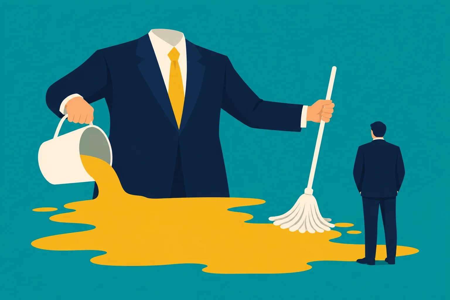 A giant headless businessman pours yellow liquid from a bucket while holding a mop, as a smaller businessman stands beside the spreading puddle.