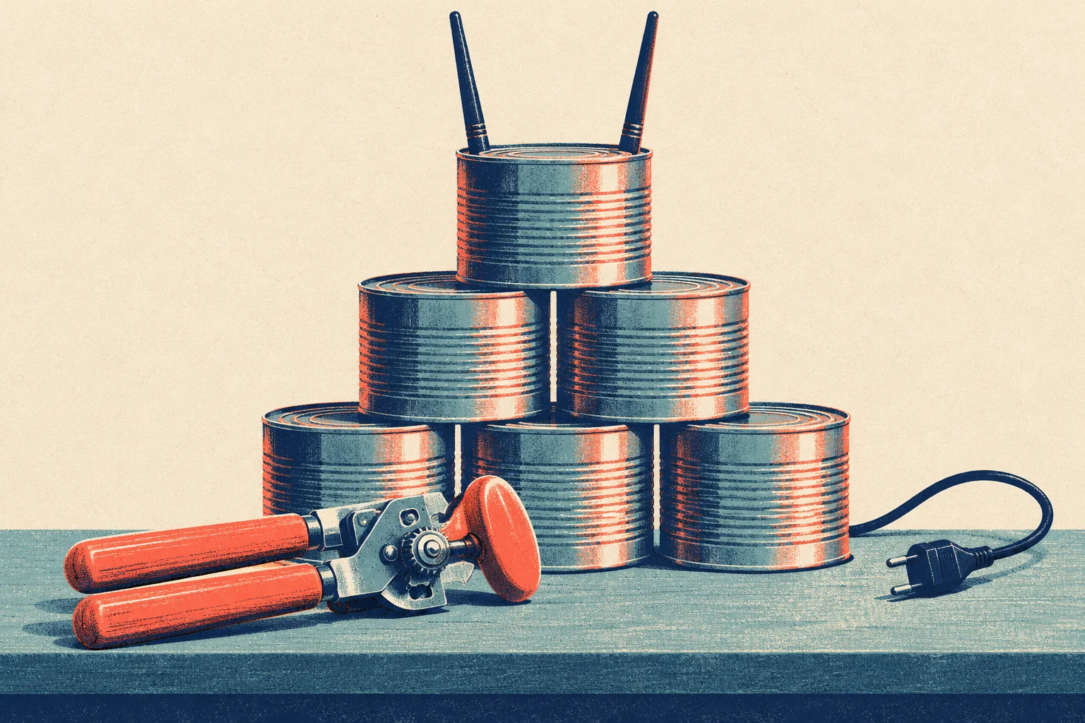 Six tin cans form a pyramid on a blue tabletop, with two rods protruding from the top can, a red-handled can opener, and an electrical cord.