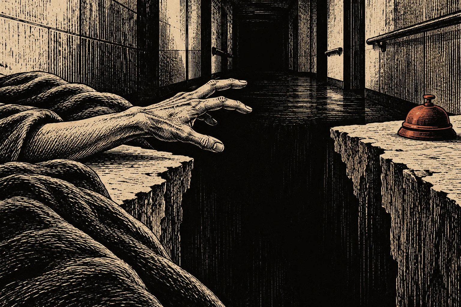 A woodcut-style skeletal hand reaches across a dark chasm toward a red service bell on a ledge in an eerie corridor.