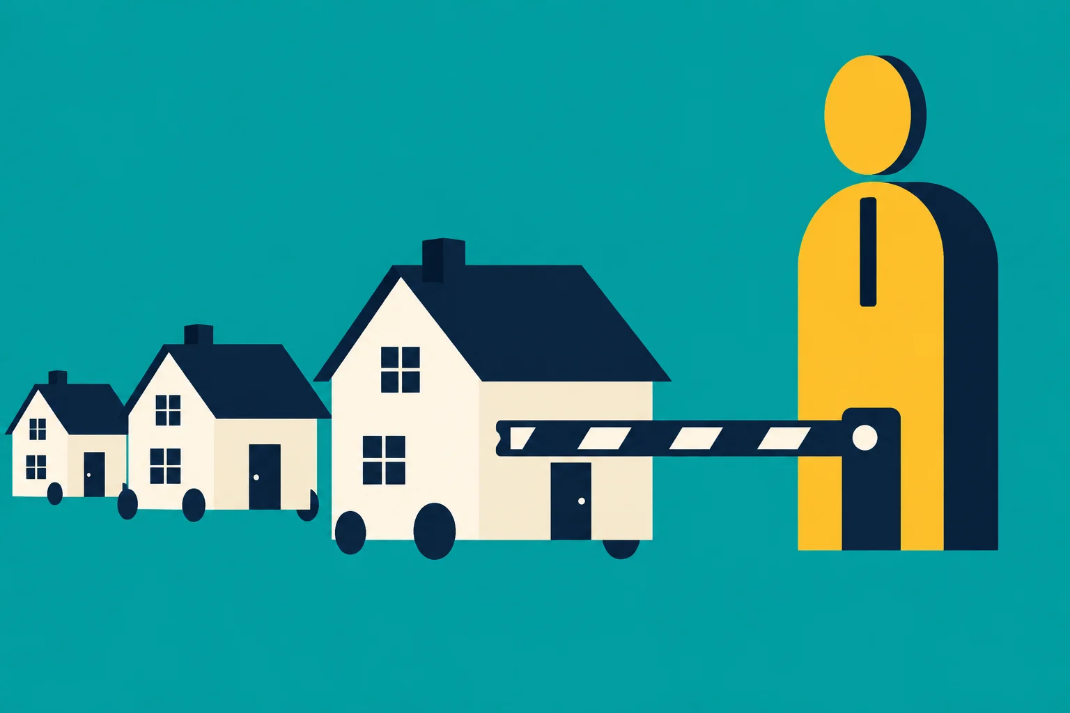 Three houses on wheels approach a lowered barrier beside a large yellow person-shaped figure against a teal background.