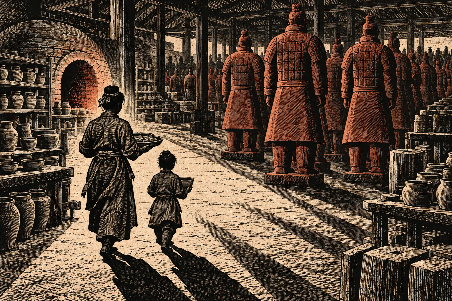 An adult and child carry pottery through a kiln workshop filled with rows of terracotta warriors, wooden shelves, jars, and long shadows.