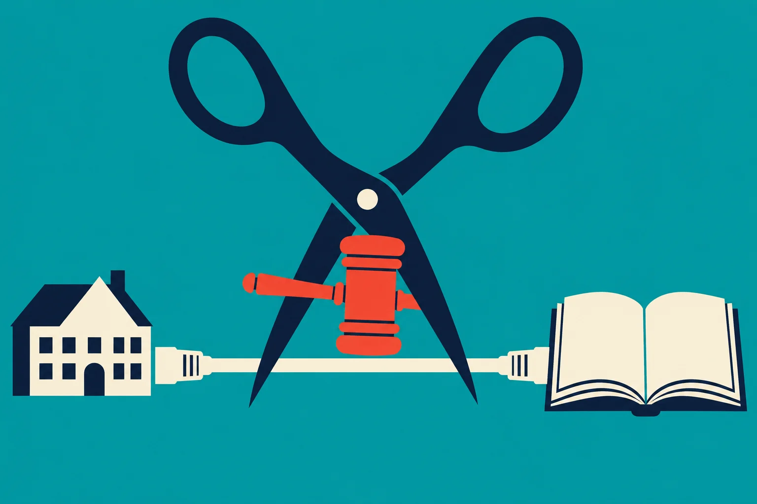 Large scissors and a red judge’s gavel loom over a cable connecting a school building to an open book against a teal background.