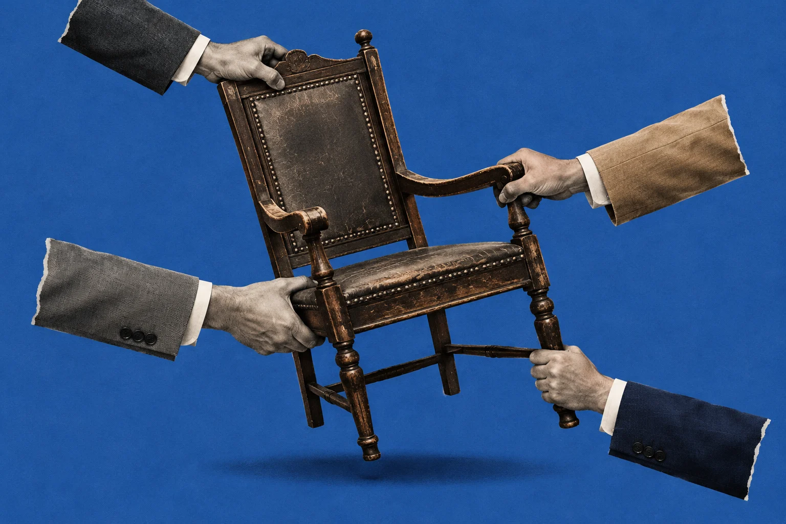 Four hands extending from torn suit sleeves grasp an antique wooden armchair suspended against a textured blue background.