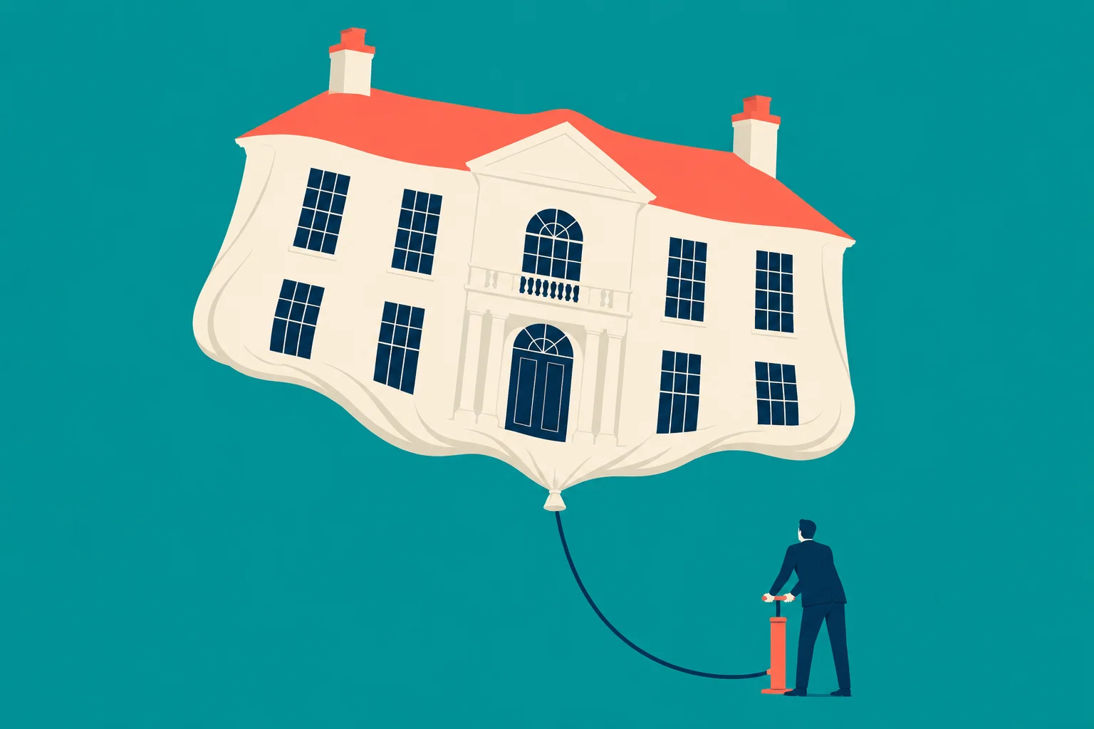 A man uses a hand pump to inflate a giant house-shaped balloon with cream walls, a red roof, and dark windows against a teal background.