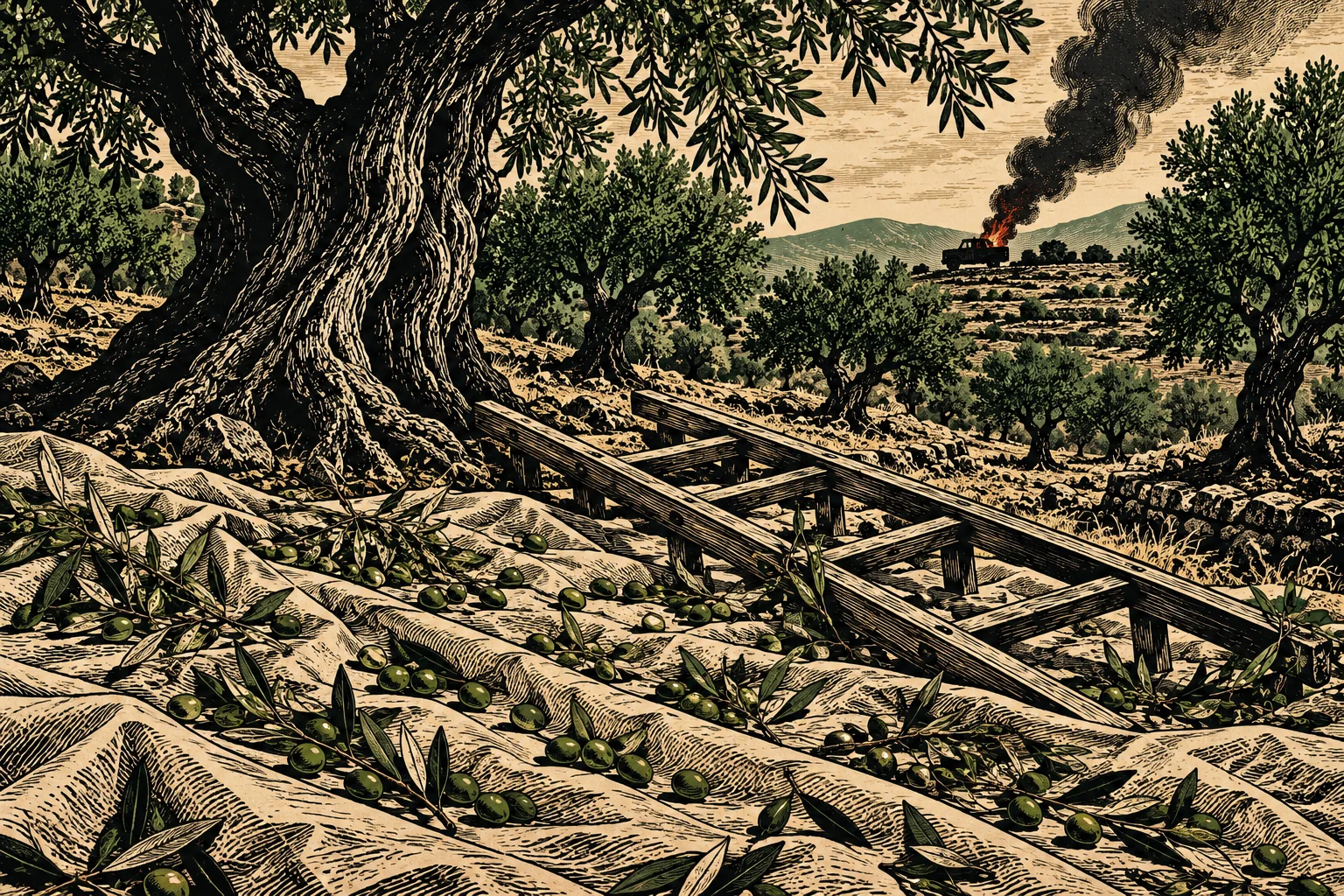 A woodcut-style olive grove shows harvested olives on cloths, a wooden ladder beneath a large tree, and a burning vehicle billowing smoke in the distance.
