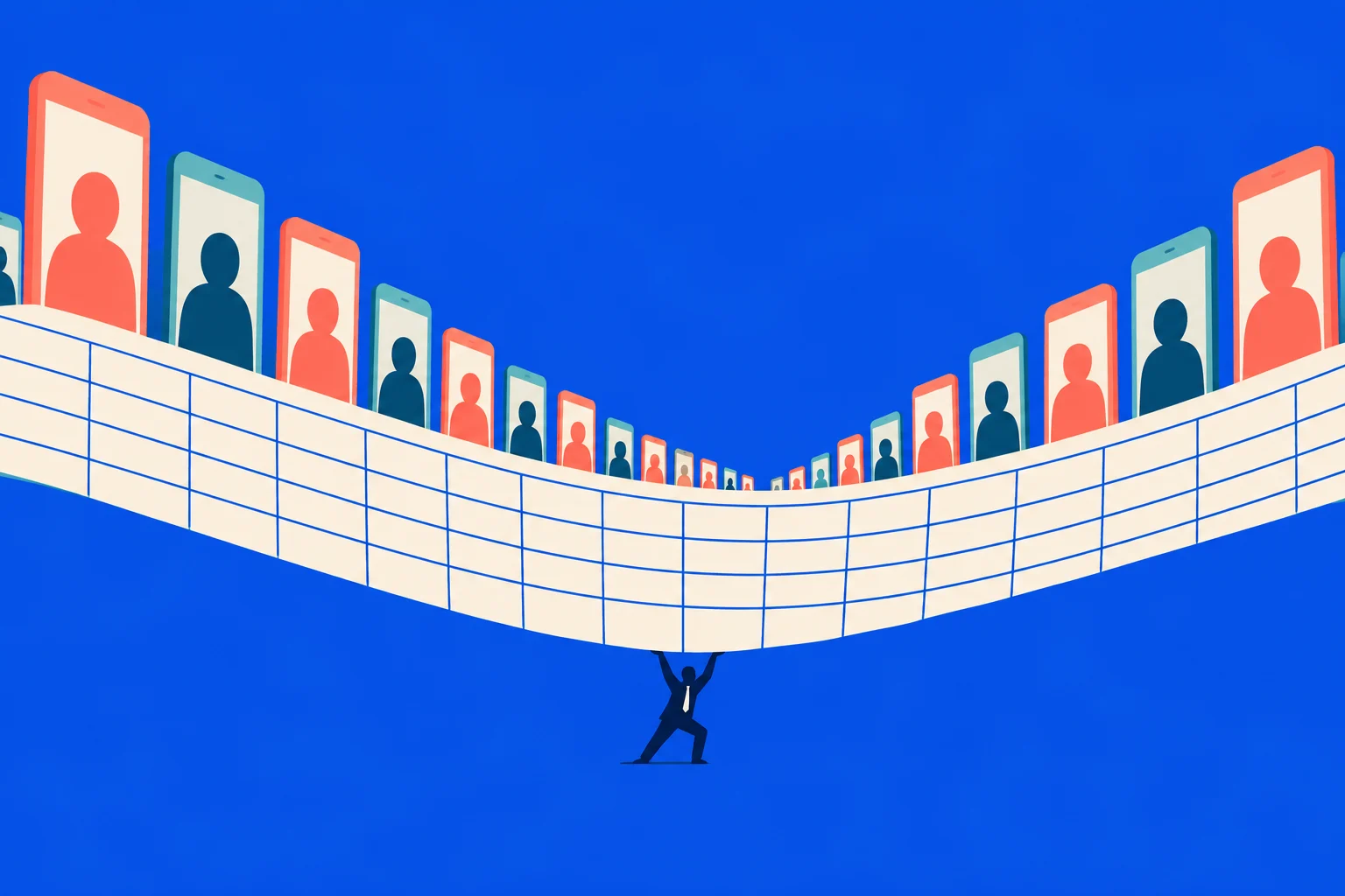 A small person supports a sagging grid platform lined with smartphones displaying coral and blue profile silhouettes against a bright blue background.