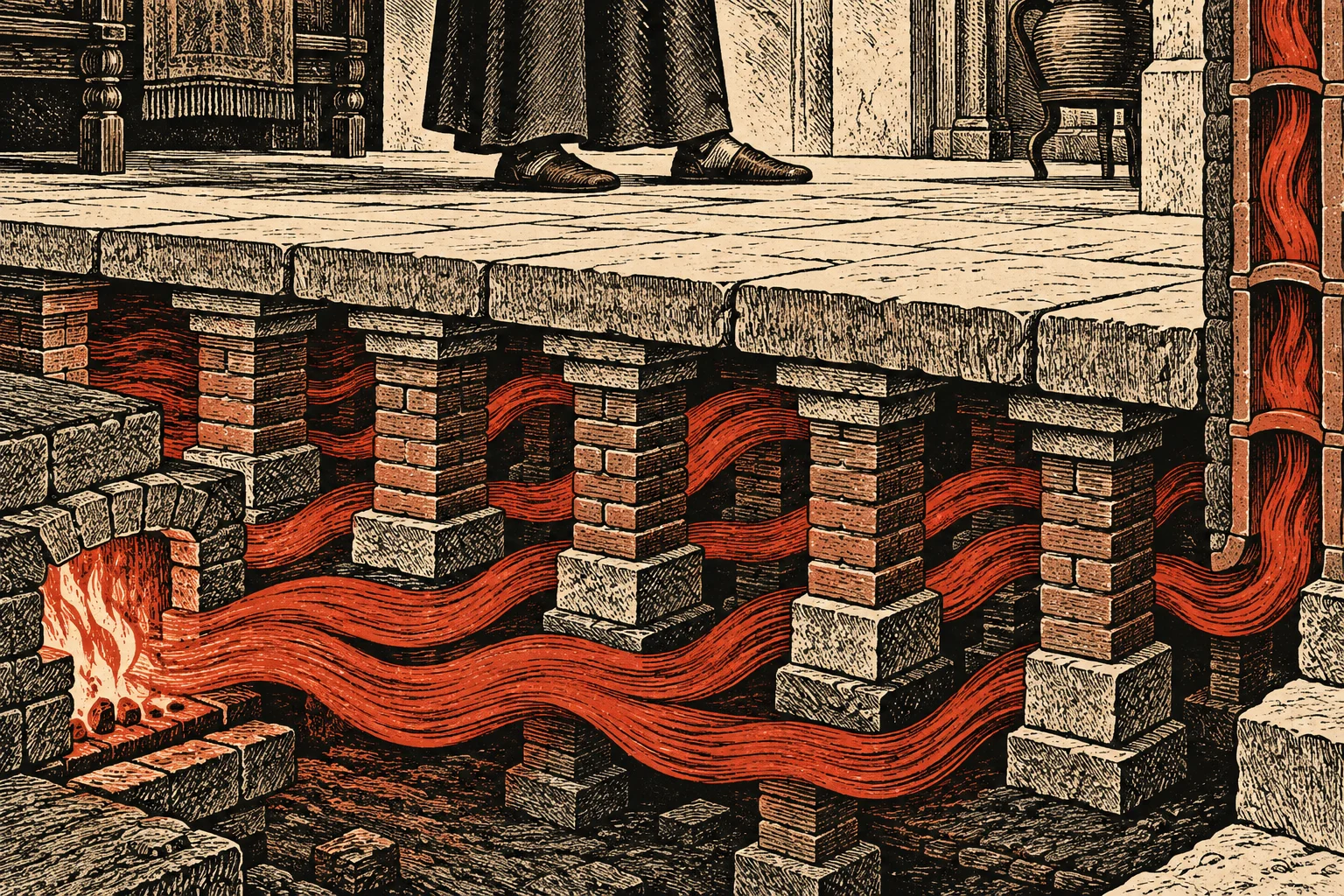 A woodcut-style cutaway shows a furnace sending hot air beneath a stone floor supported by brick pillars and upward through a wall flue.
