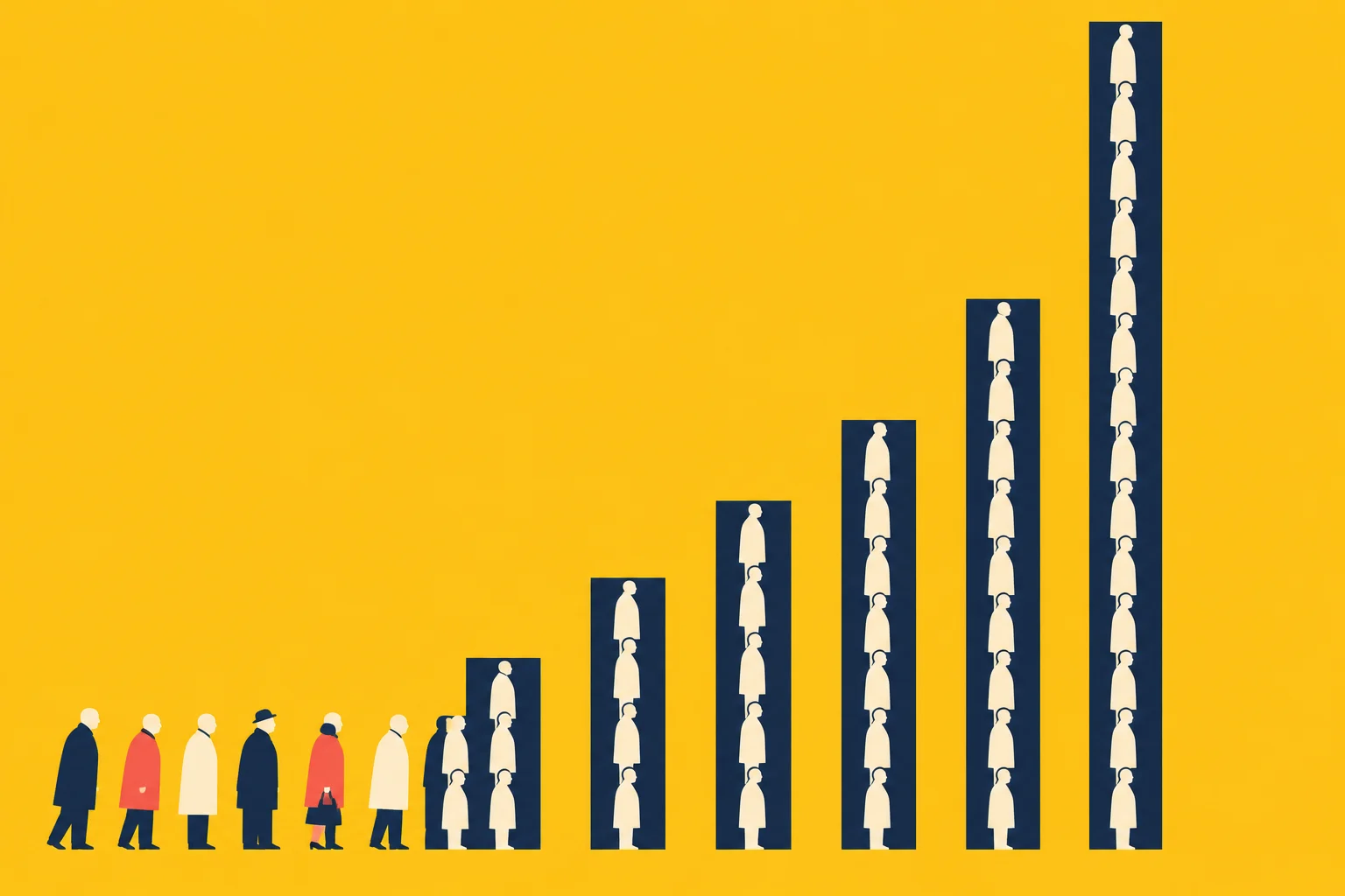 People queue beside increasingly tall navy bars filled with cream silhouettes against a yellow background.