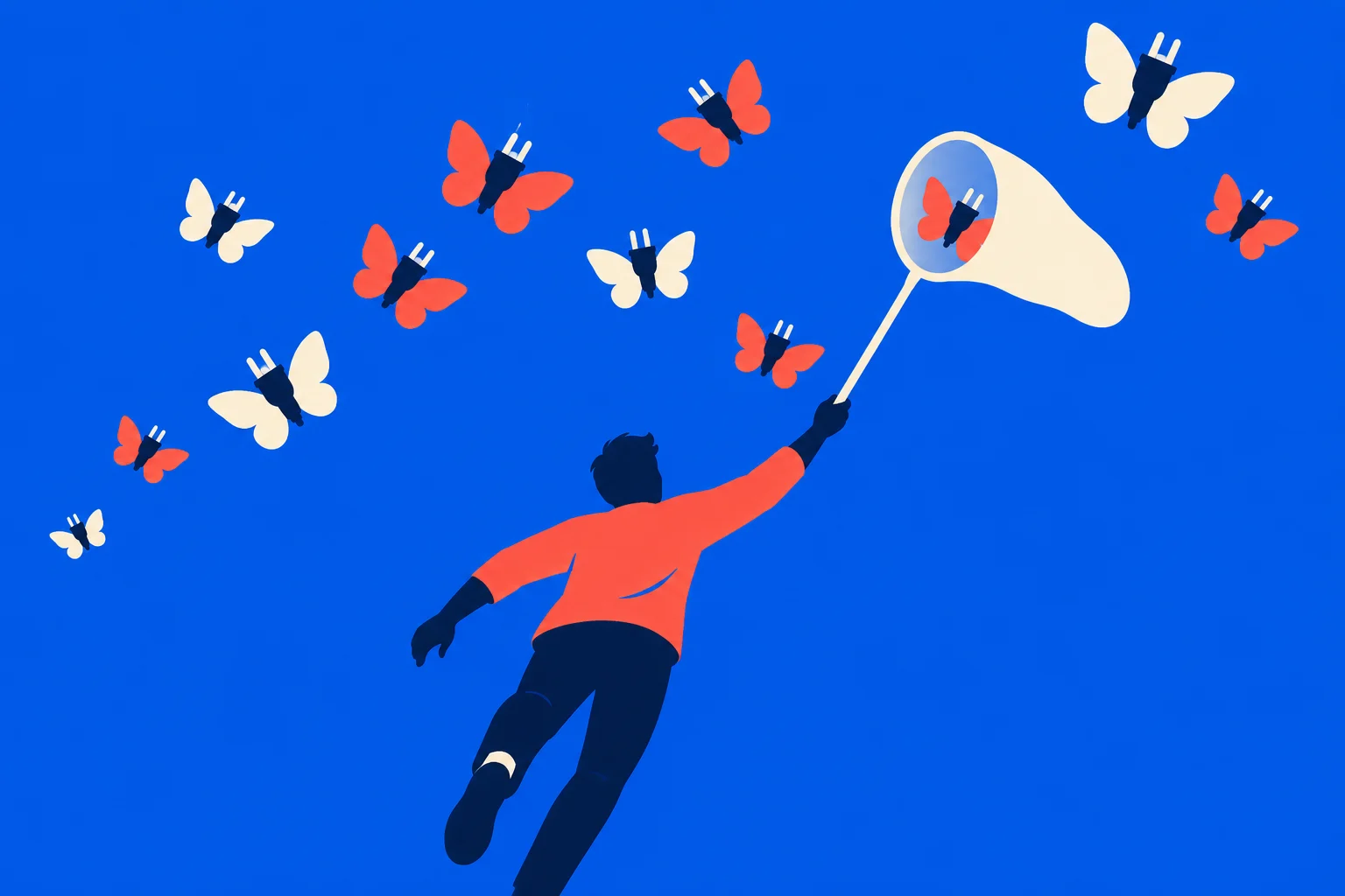 A person in an orange shirt reaches with a butterfly net toward orange and cream butterflies whose bodies resemble electrical plugs against a blue background.