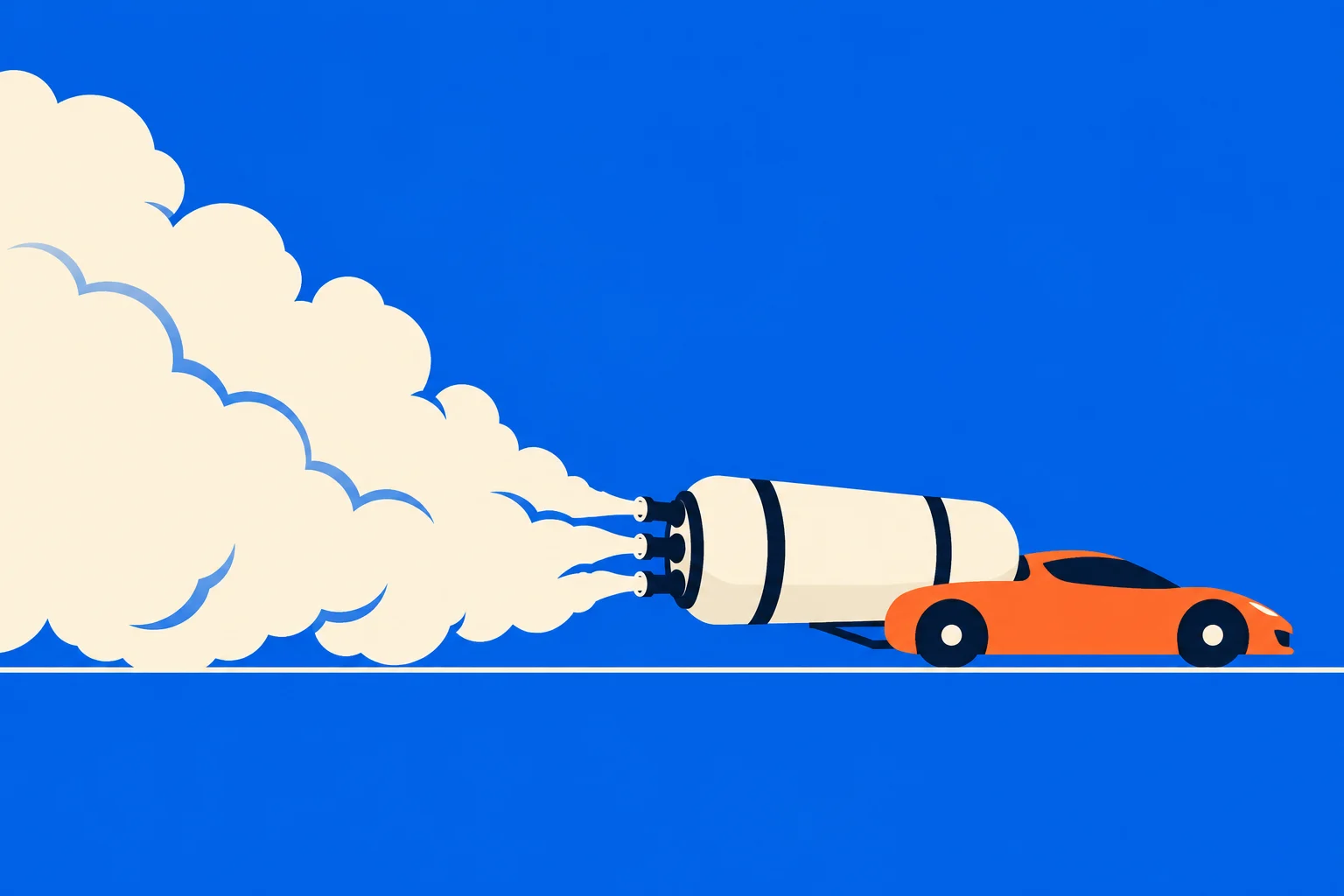 An orange sports car carries a large rocket blasting billowing cream-colored exhaust behind it against a bright blue background.