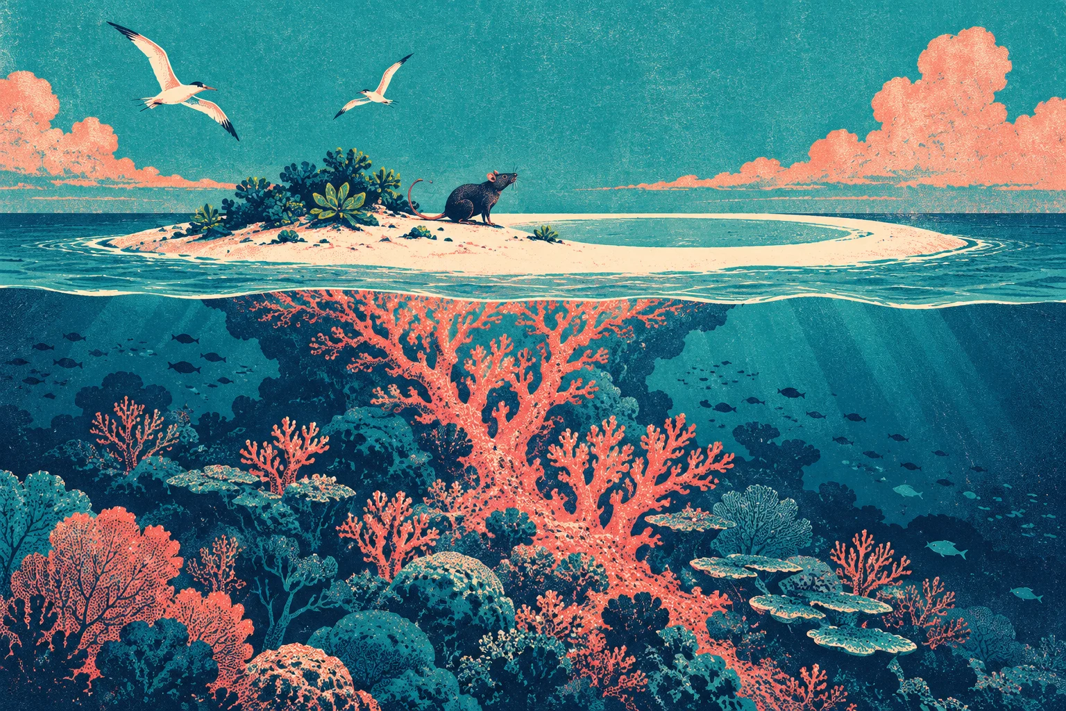 A rat stands on a tiny tropical island above a vibrant coral reef, while seabirds fly overhead and fish swim below.
