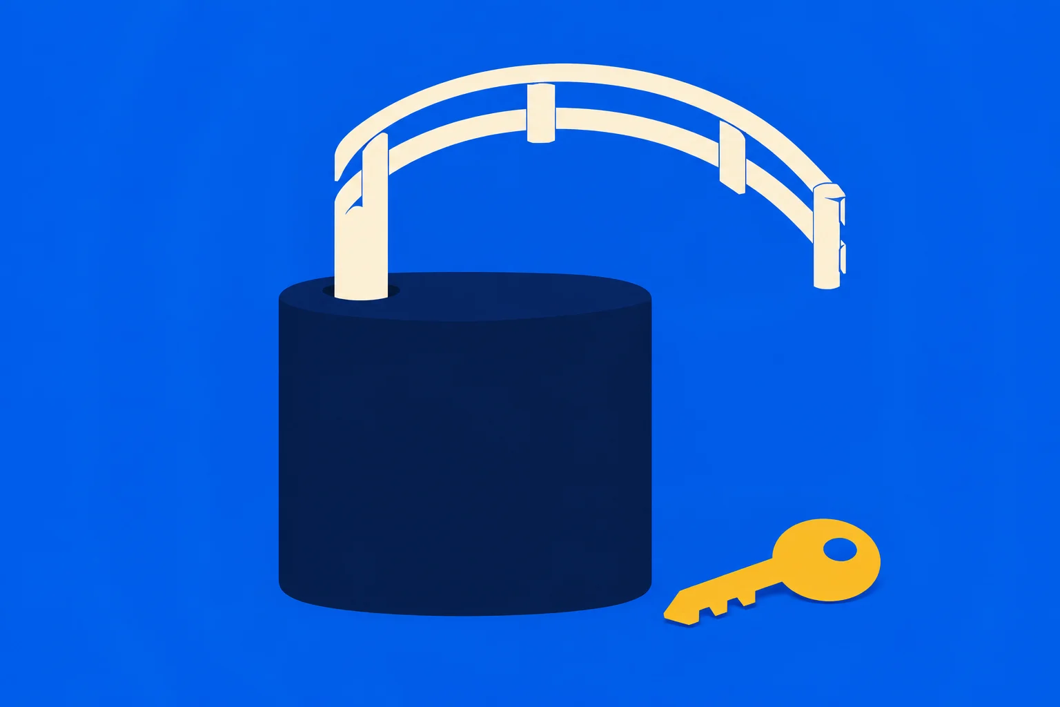 A dark blue open padlock with a cream arched shackle stands beside a yellow key on a bright blue background.