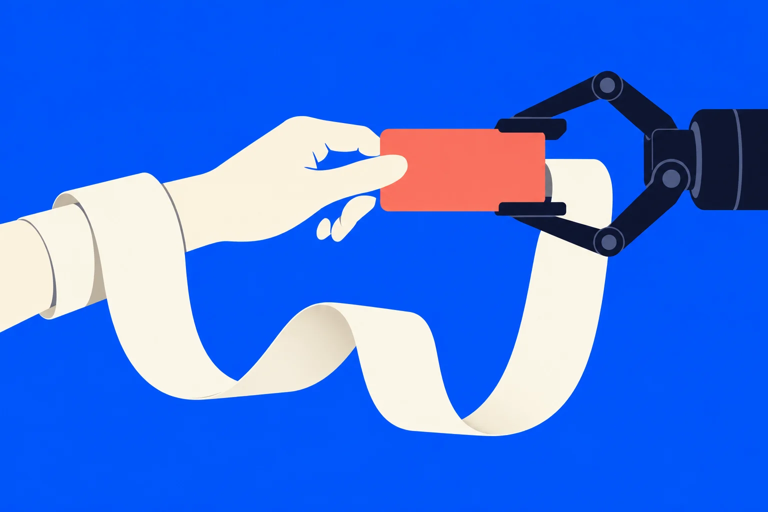 A human hand and a robotic gripper hold a coral rectangle, with a long cream ribbon curling between them against a bright blue background.