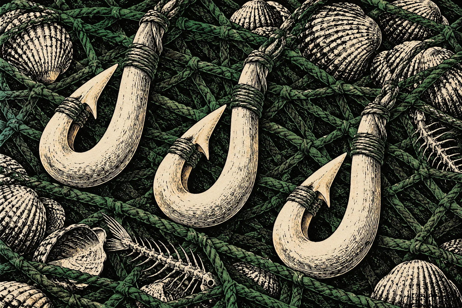 Three ivory fishing hooks lie across a dark green fishing net, surrounded by seashells and fish skeletons in a vintage engraved style.
