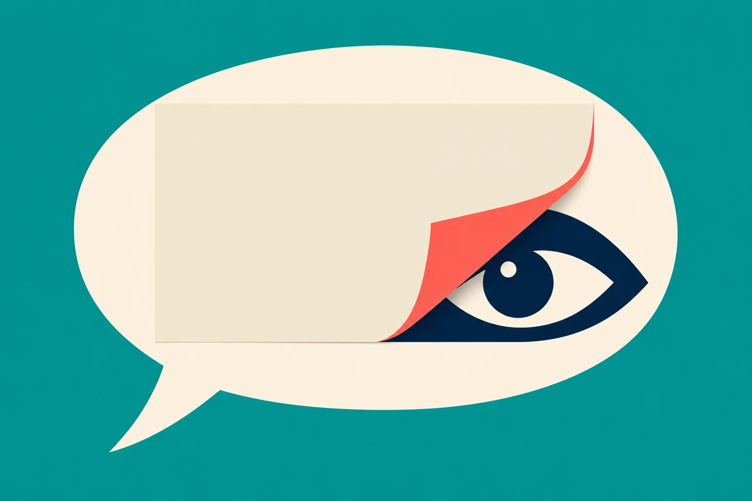 A cream speech bubble on a teal background contains a navy eye partly concealed by a cream sheet peeling back to reveal a coral underside.