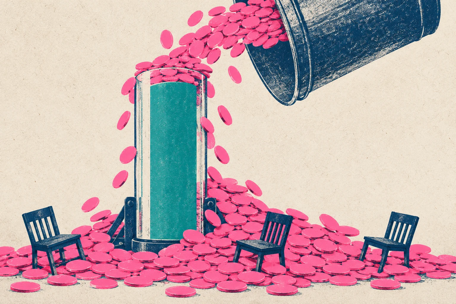 Pink discs spill from a tilted dark container into an overflowing teal cylinder, forming piles around three empty chairs on a textured cream background.