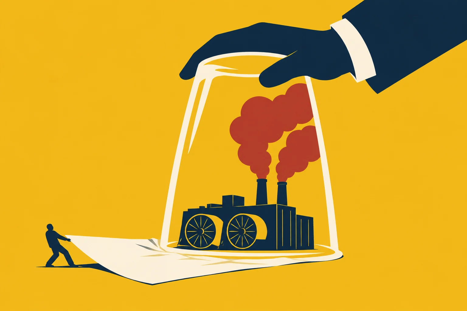 A large hand traps a smoking factory under a glass dome while a small person pulls a sheet beneath it against a yellow background.