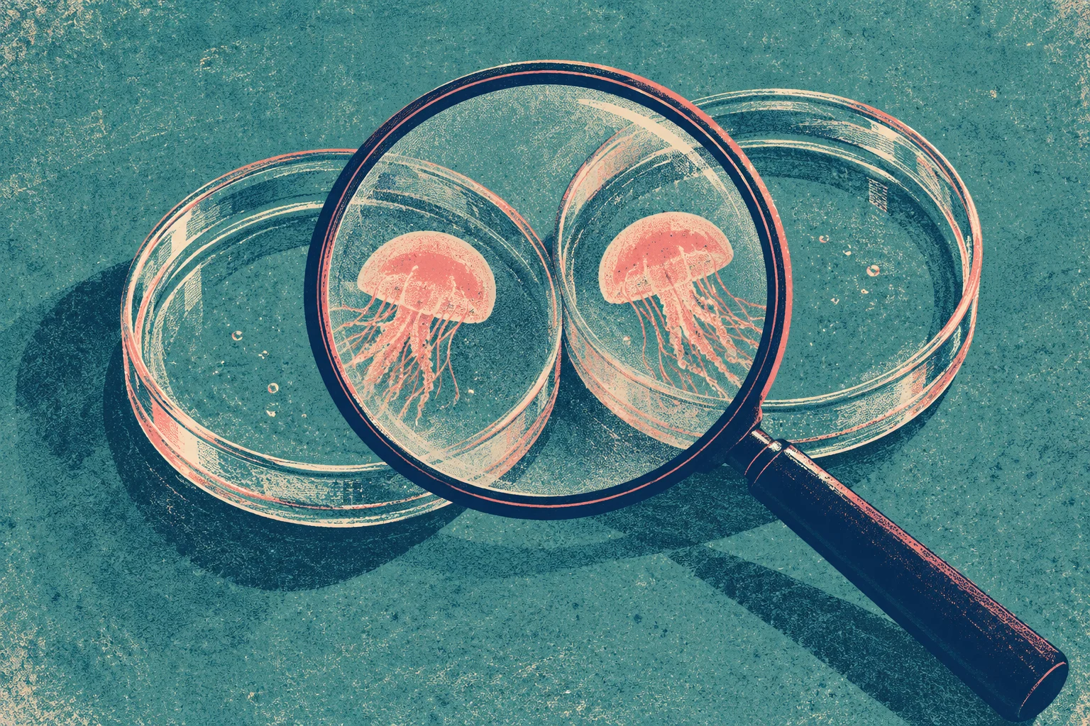 A vintage-style illustration shows a magnifying glass enlarging two pink jellyfish in overlapping petri dishes on a textured teal surface.