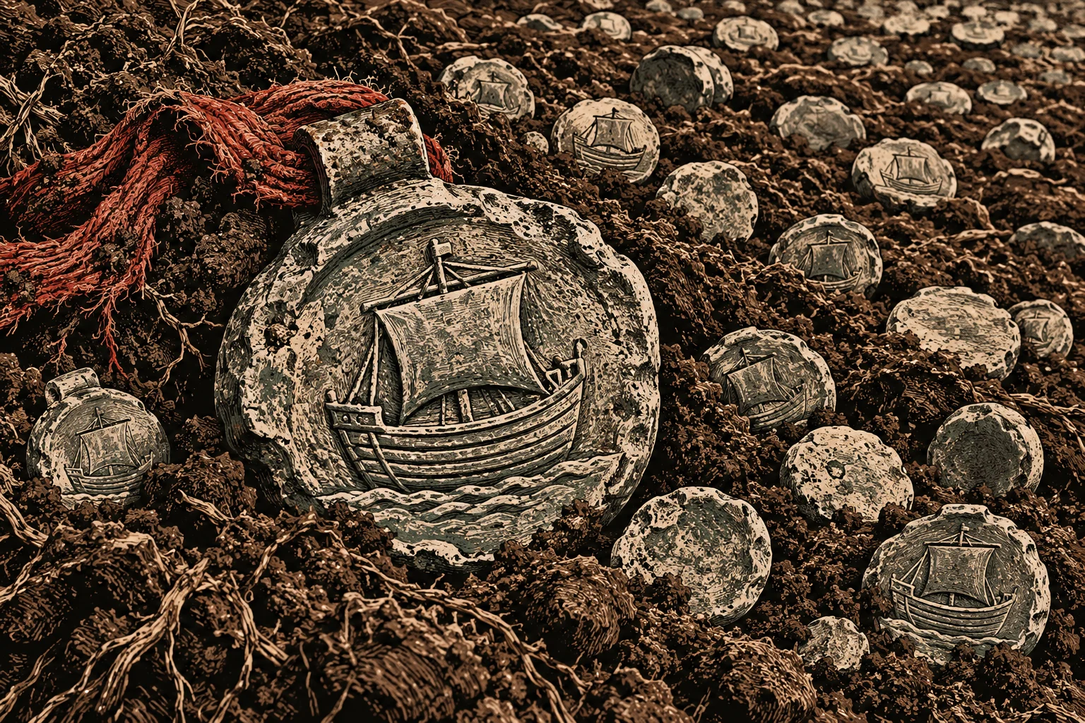 Weathered round tokens engraved with sailing ships lie scattered in dark soil, with a large ship pendant and frayed red cord in the foreground.