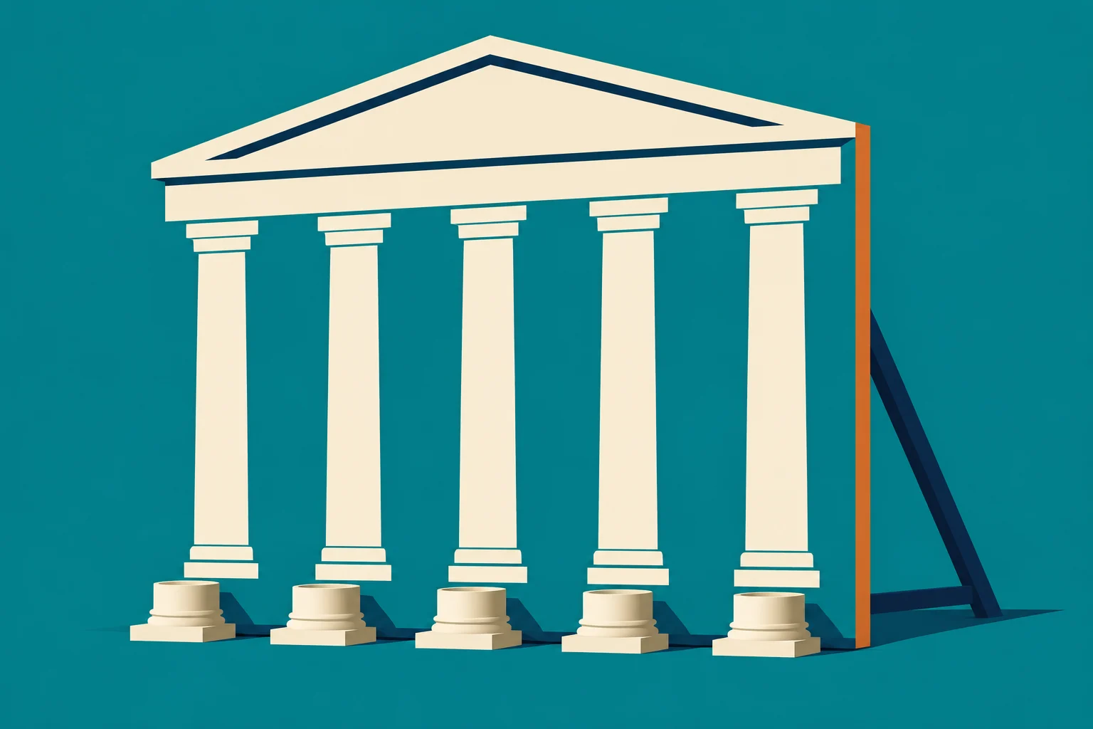 A stylized cream classical temple facade with five columns stands on a teal background, supported by an orange edge and dark angled braces.