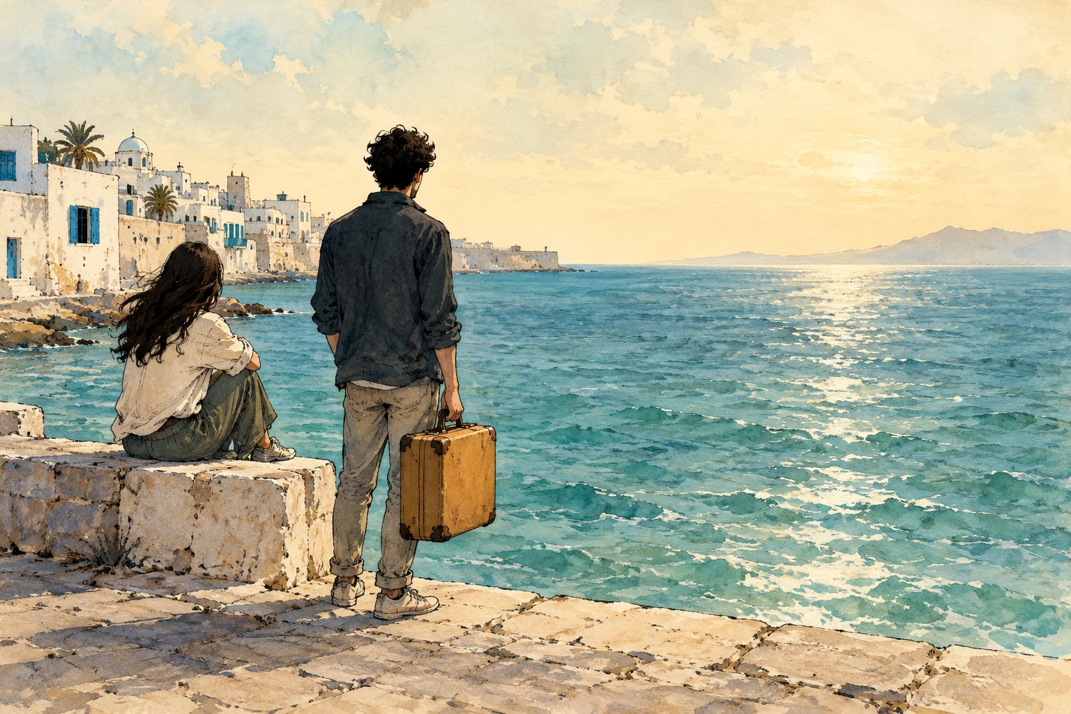 A man holding a suitcase and a seated woman gaze across a sunlit turquoise sea beside a whitewashed coastal village in a watercolor illustration.