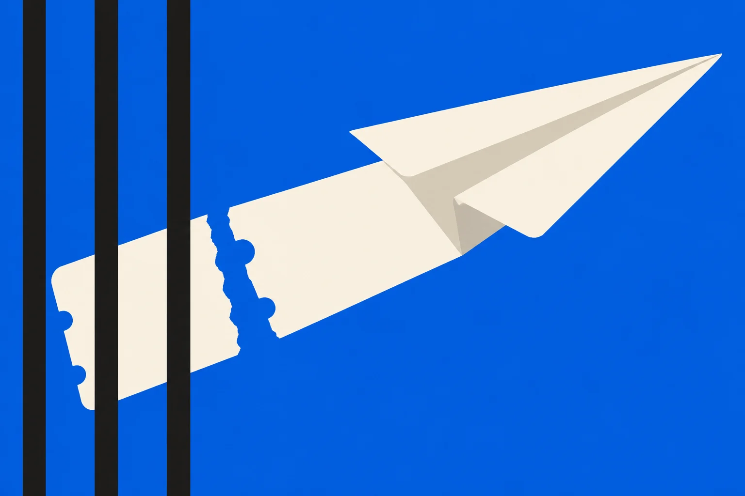 A cream paper airplane emerges from a torn strip of paper behind three black vertical bars against a bright blue background.