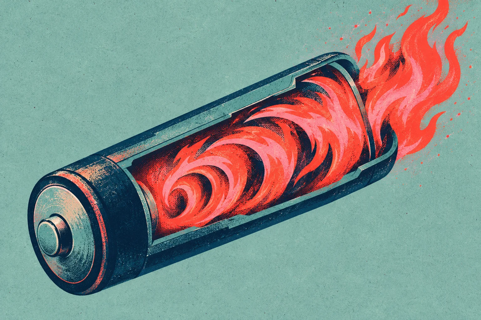 A stylized cutaway battery contains swirling red and pink flames that burst from its open end against a textured teal background.