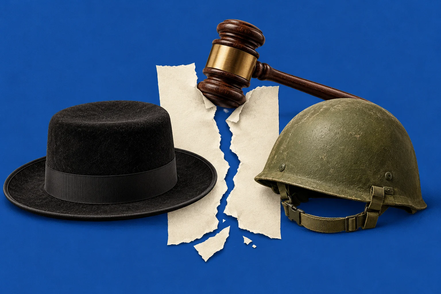 A black top hat and military helmet flank torn paper beneath a wooden judge’s gavel against a blue background.
