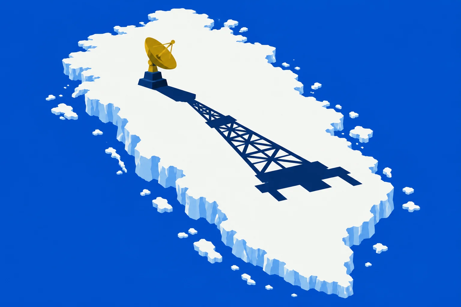 A golden satellite dish stands on an ice island surrounded by blue water, casting a long shadow shaped like a lattice tower.