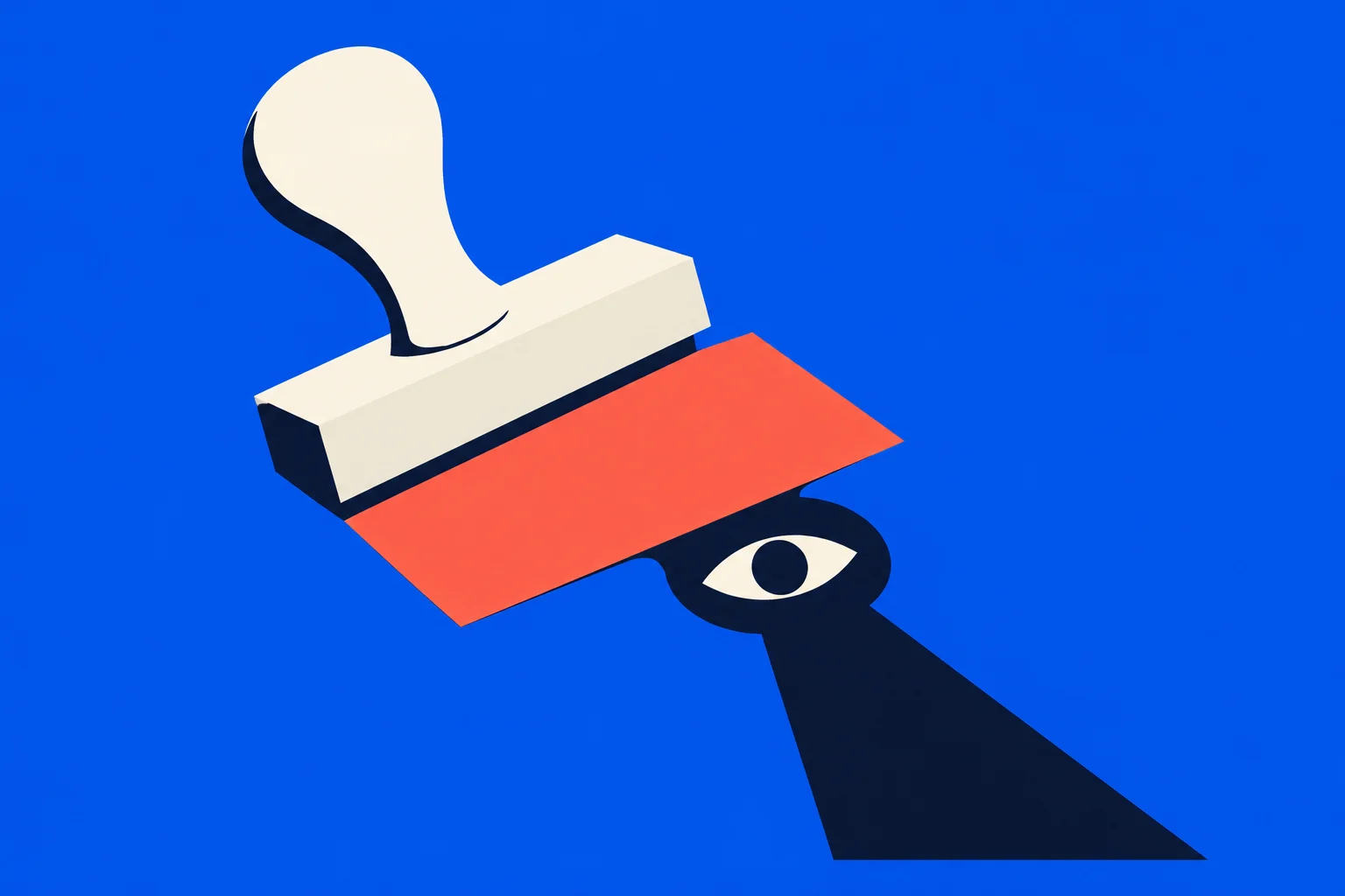 A cream rubber stamp hovers over a red rectangle on a blue background, casting a dark shadow with an eye in it.
