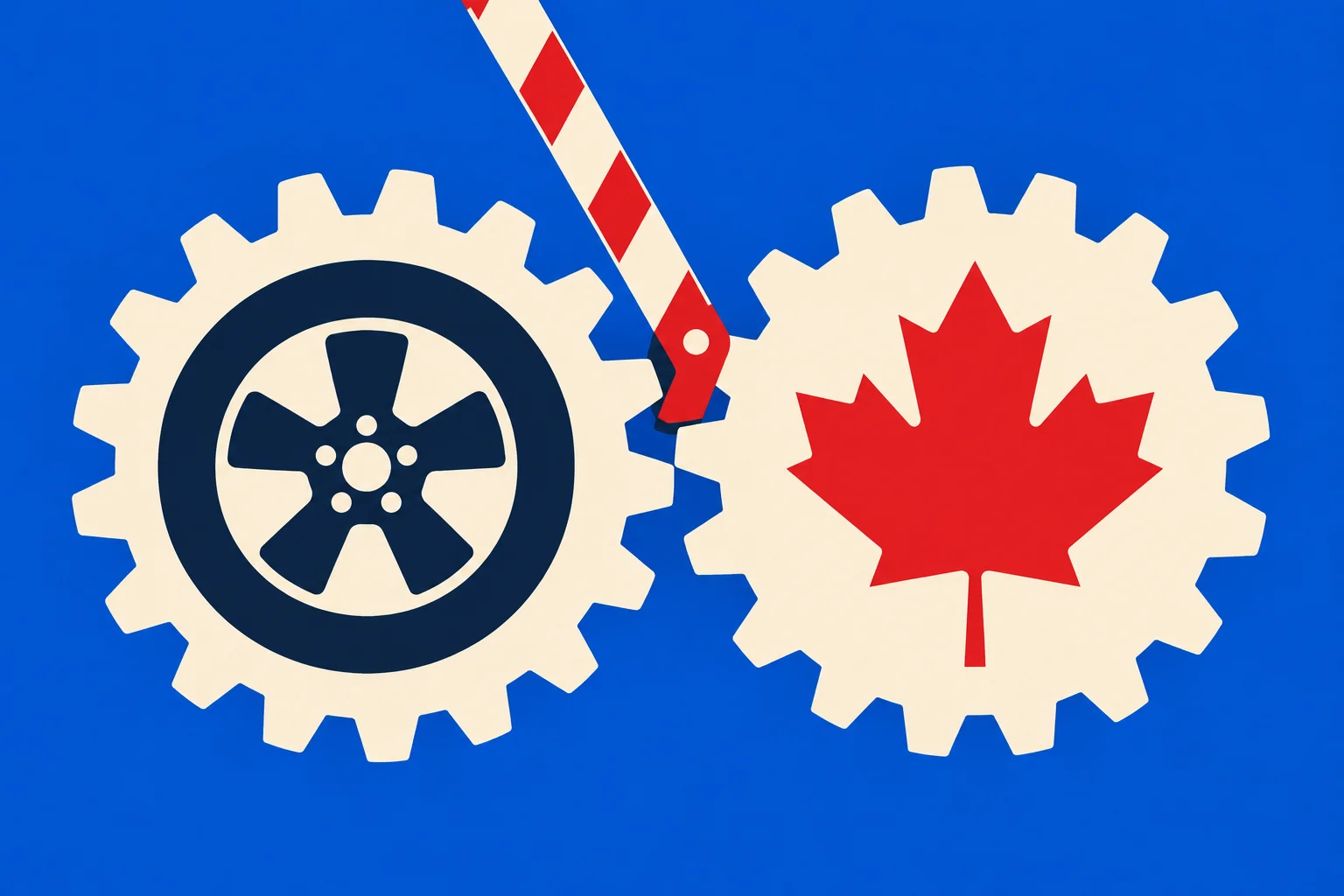 Two cream gears on a blue background contain a tire and a red Canadian maple leaf, with a striped barrier arm between them.