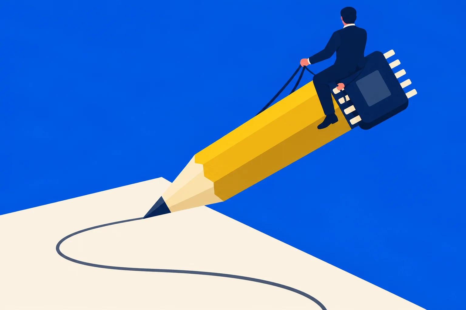 A businessman rides a giant yellow pencil fitted with a microchip, holding reins as the pencil draws a curved line on paper against a blue background.
