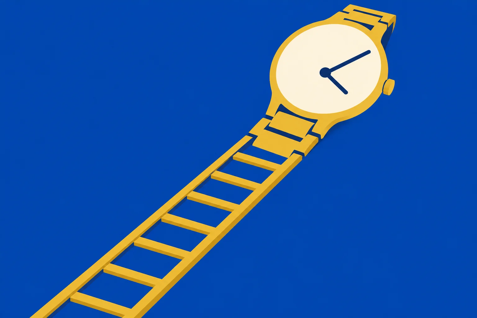 A gold wristwatch with a ladder-like band stretches diagonally across a blue background, with dark blue hands on a cream face.
