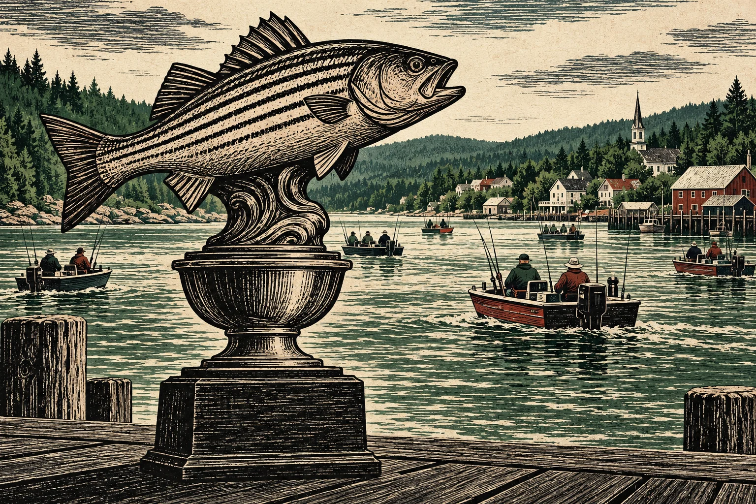 A vintage woodcut depicts a large striped bass trophy on a dock overlooking fishing boats, forested hills, and a waterfront village with a church steeple.
