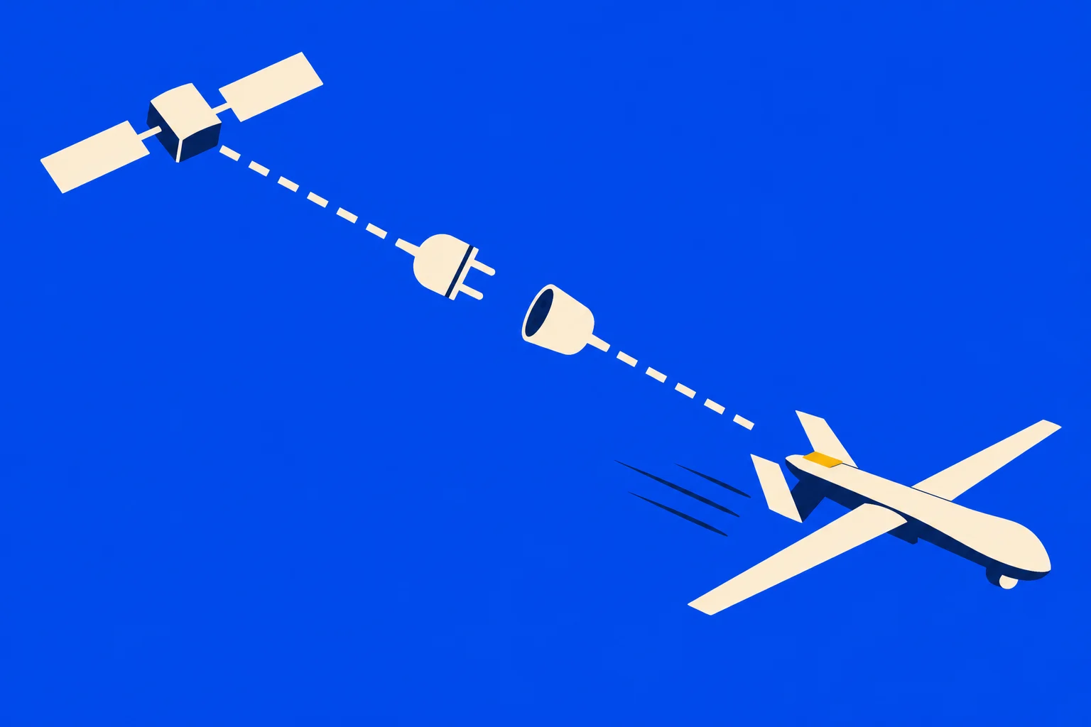 A satellite and drone are linked by a dashed line interrupted by a disconnected plug and socket against a bright blue background.
