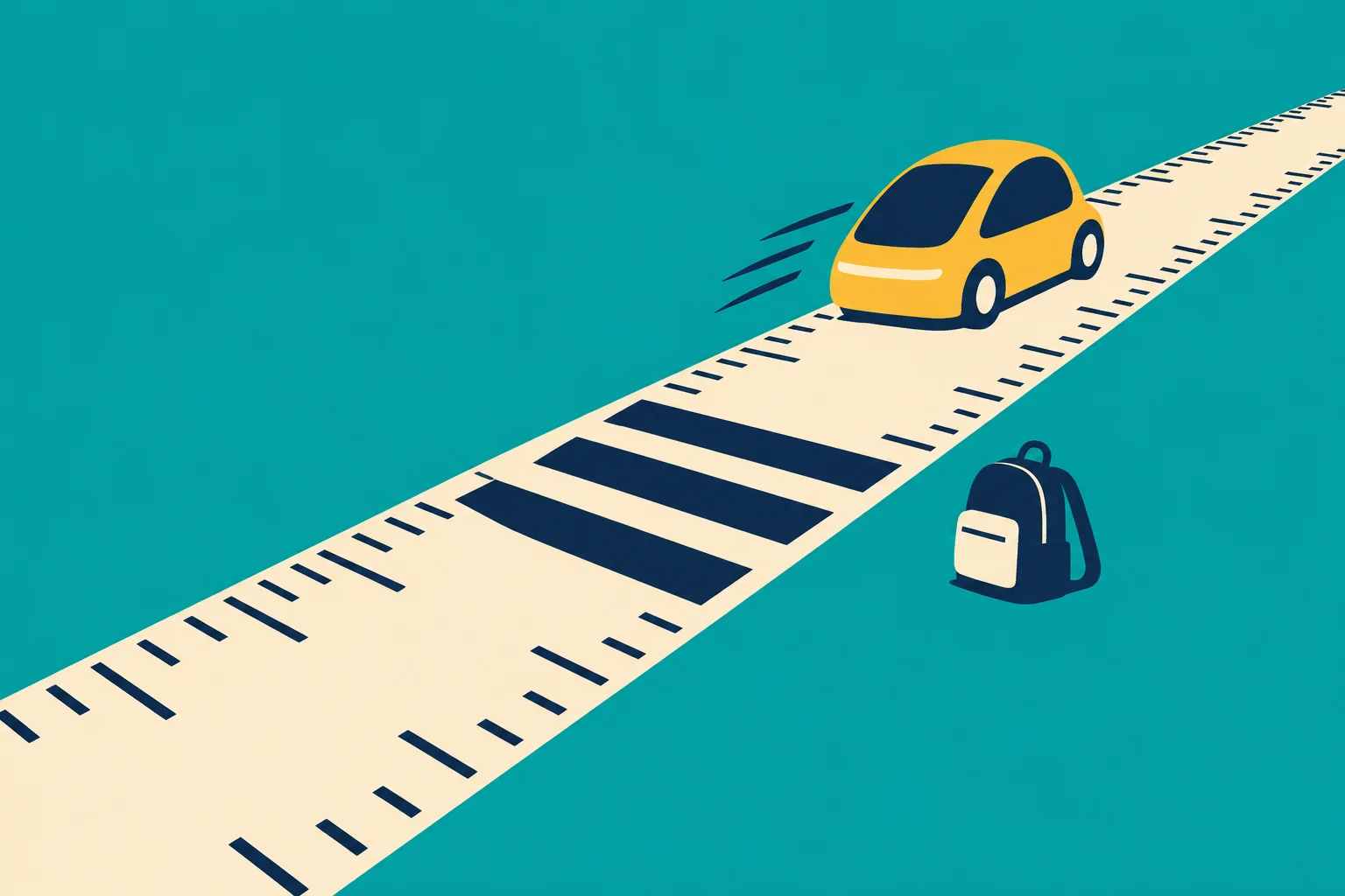 A yellow car travels along a diagonal ruler-like road with a pedestrian crossing, beside a navy backpack on a teal background.