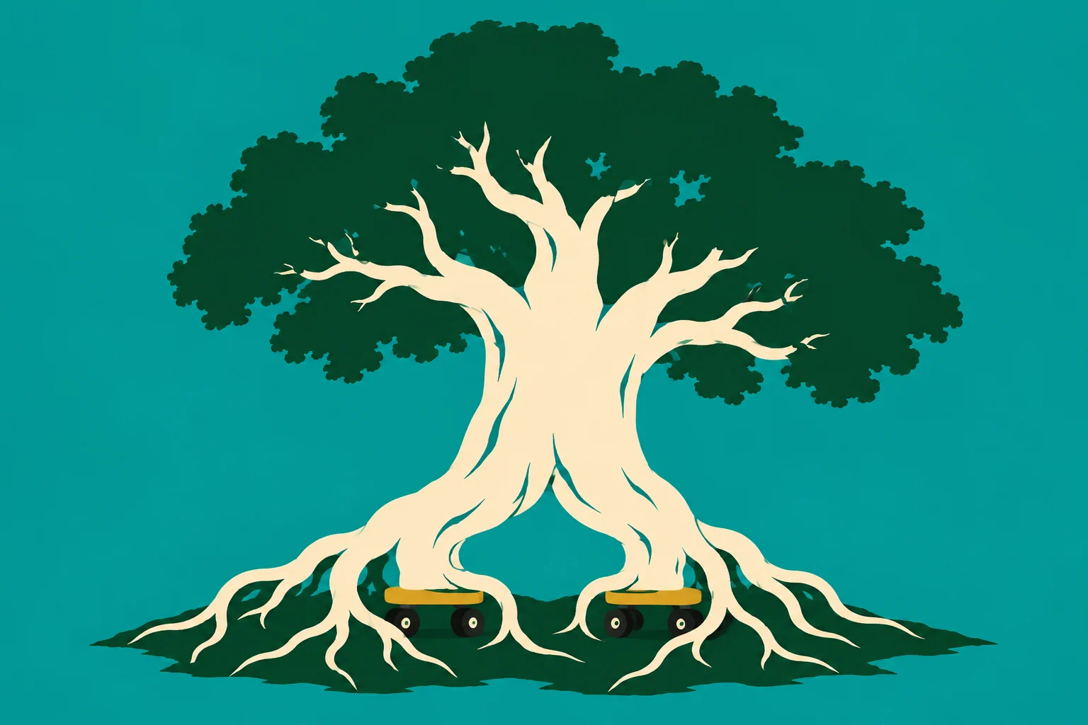 A stylized cream-colored tree with dark green foliage and sprawling roots stands against a teal background, with two small yellow wheeled platforms beneath its trunk.