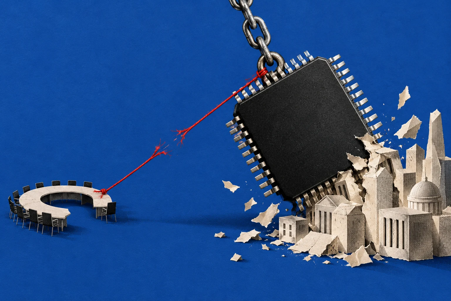 A giant microchip suspended from a chain crashes into stone buildings, while a fraying red string connects it to a small conference table.