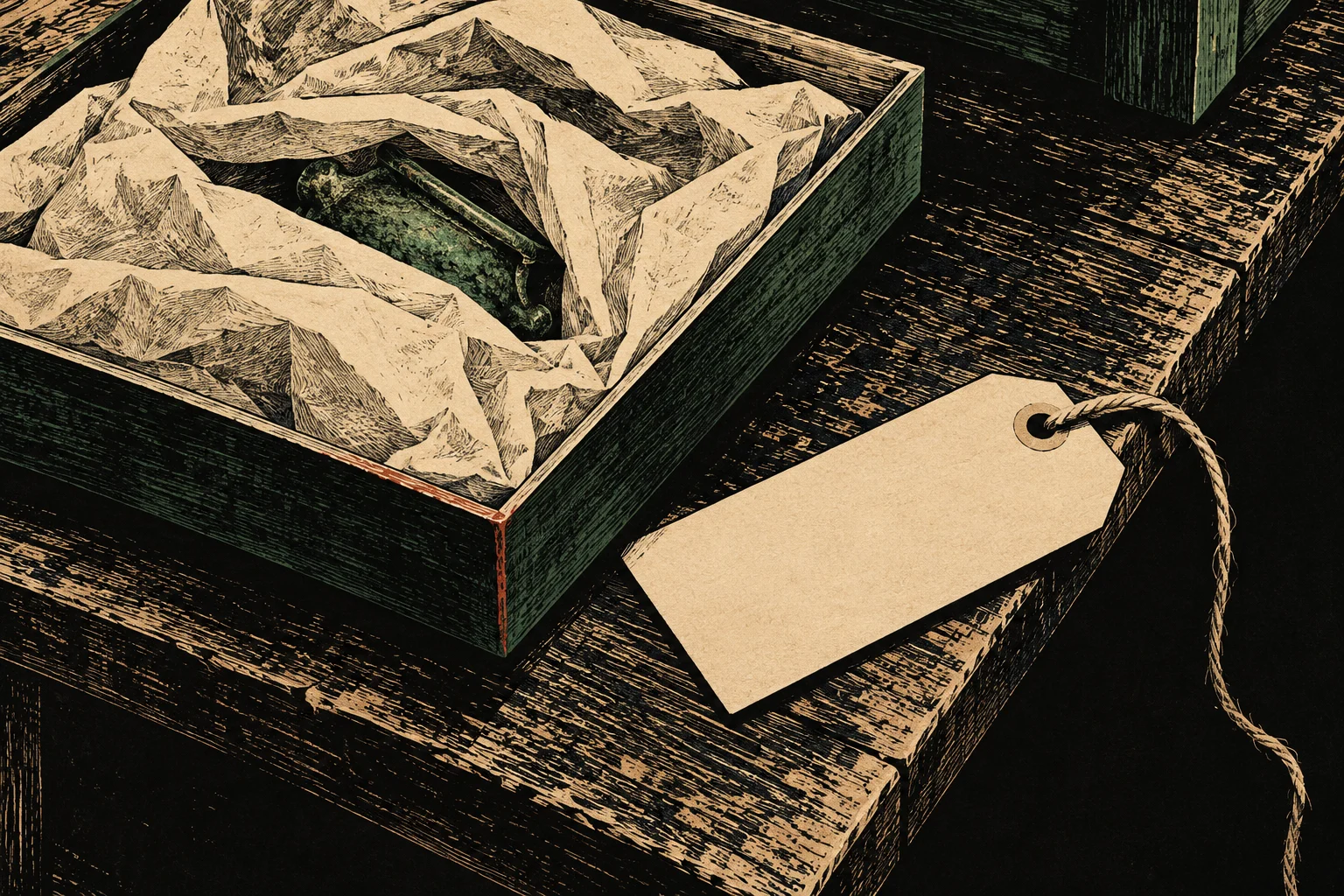 A green wooden box holds crumpled paper and a small weathered green object beside a blank string-tied tag on a dark wooden table.