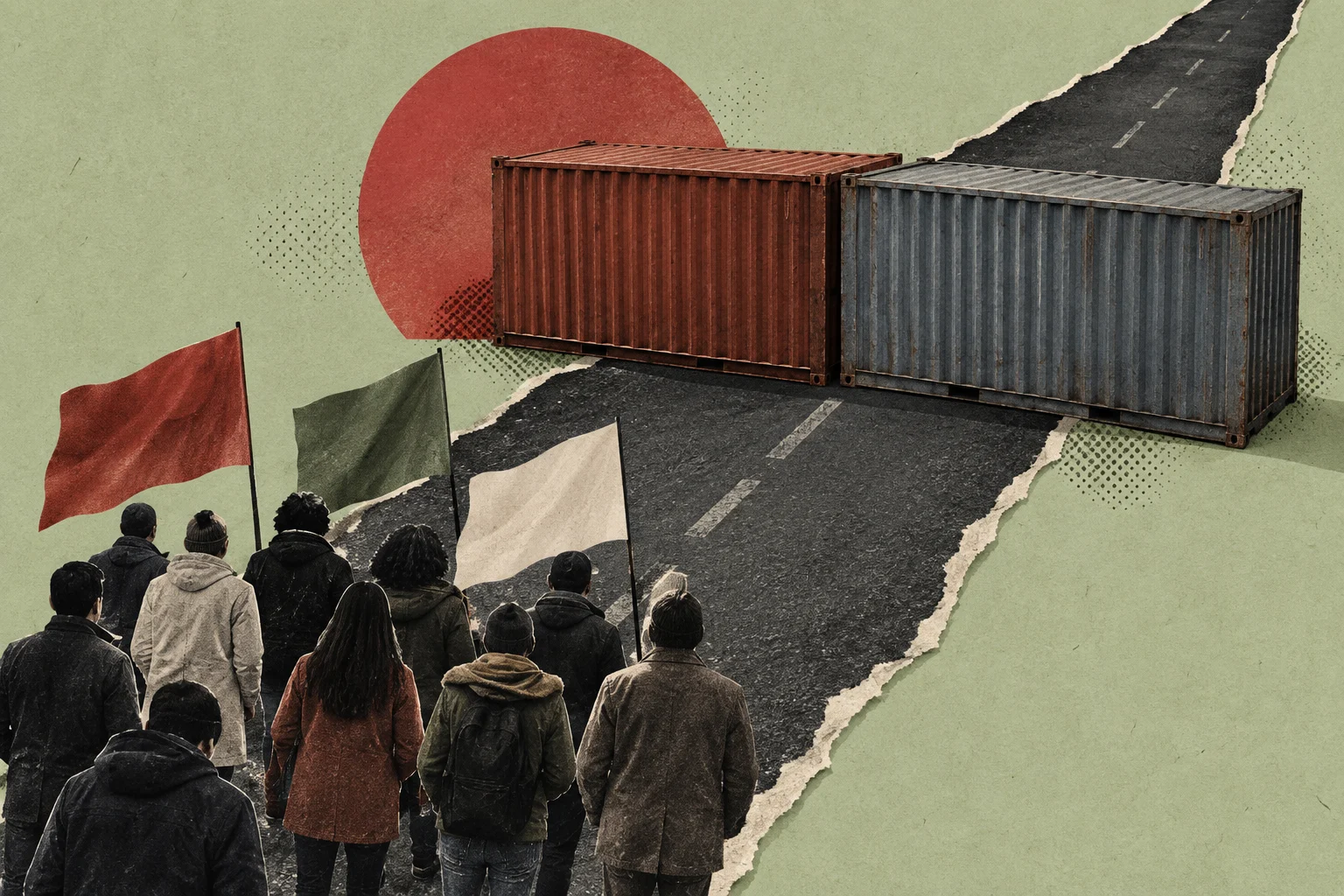 A crowd carrying red, green, and white flags faces two shipping containers blocking a torn-edged road against a textured green background with a red circle.