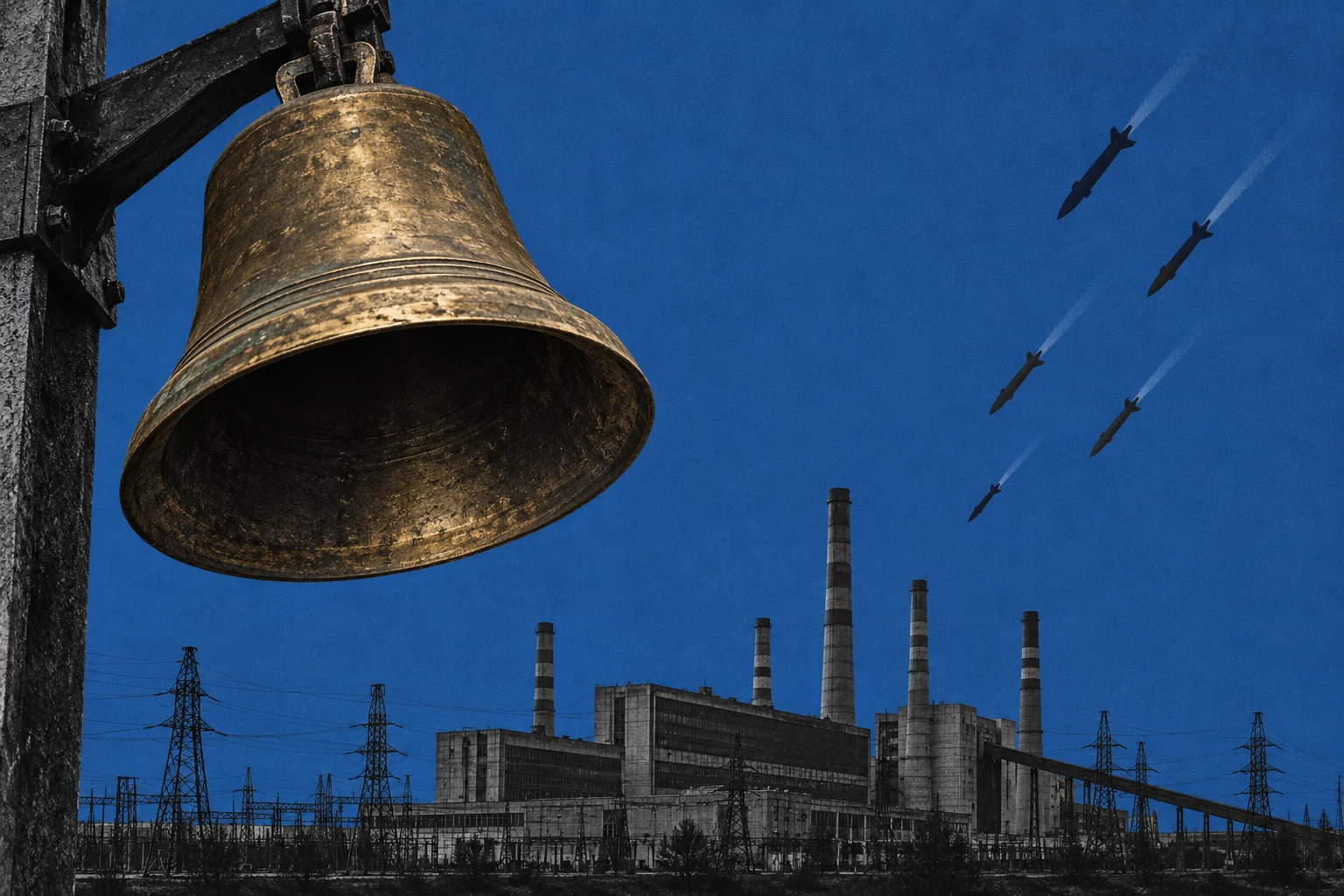 A large weathered bell hangs above an industrial power plant with smokestacks and electricity pylons as five missiles descend through a blue sky.