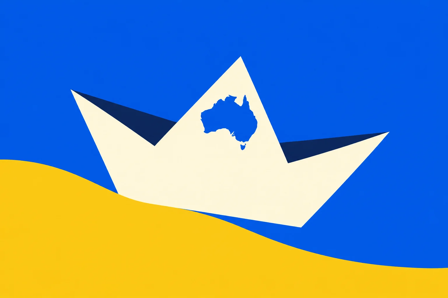 A cream paper boat with a blue silhouette of Australia floats above a yellow wave against a bright blue background.