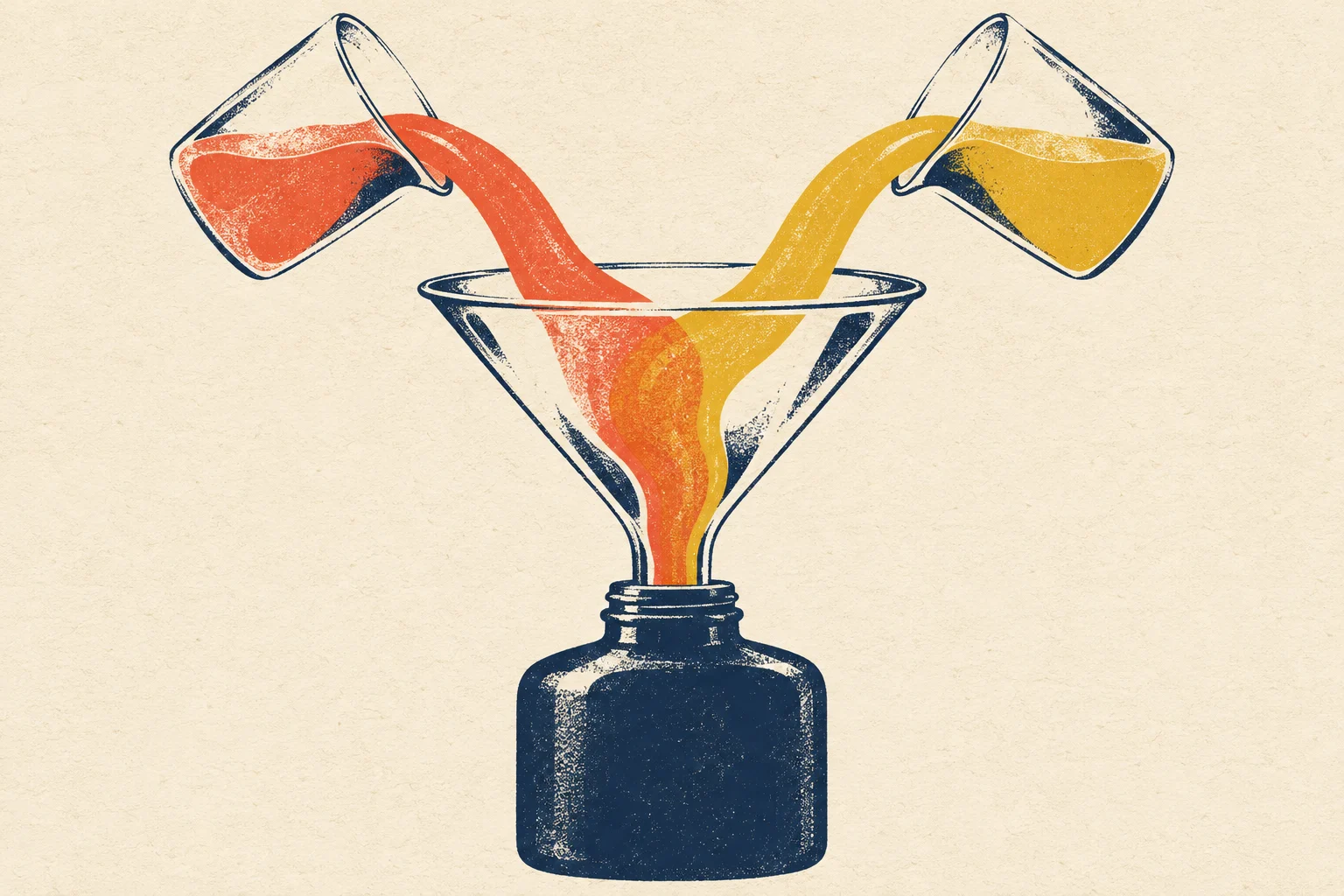 Two tilted beakers pour orange and yellow liquids into a funnel leading into a dark blue bottle, illustrated in a textured vintage style.