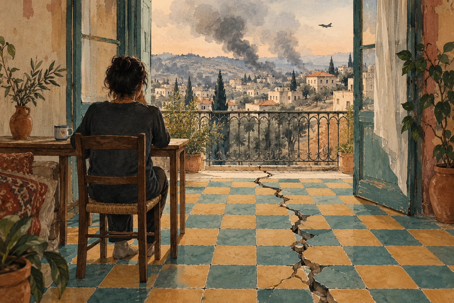 A woman sits at a table facing an open balcony, with a cracked tiled floor leading toward a town beneath smoke plumes and a military jet.